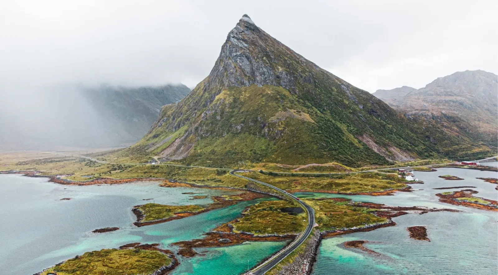 A winding road crossing turquoise shallows below a sharp peak in the Lofoten Islands