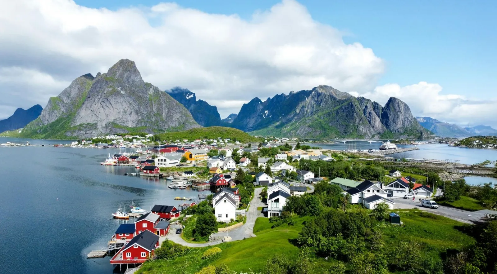 Aerial view of Reine village with red houses among green Lofoten peaks and blue water